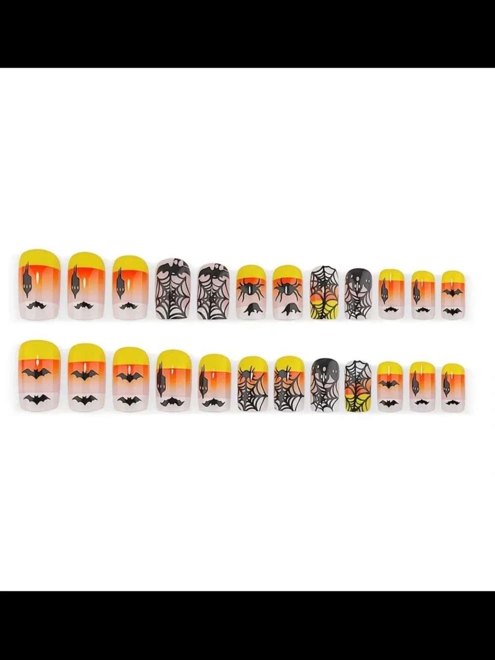 Halloween Gradient Press On Nails with Spiderweb, Bat & Candy Corn Design